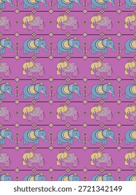 Geometrische Tiere nahtloses Muster Vektor, Elefant, Cartoon Stil niedliche Farbe, enfant, Baby, Mode, Textil, Karte, Nahtloses Elefantenmuster mit süßer geometrischer, Tierdesign für Kinder und Stoffdrucke 
