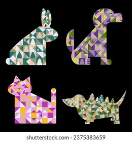 Geometric animals set on black background. Rabbit, dog and cat. Cute collection for kids. Vector illustration	