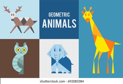 Geometric animals. Vector geometric flat set for print, kids clothes, greating card. 