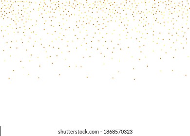 Geometric Anniversary Backdrop. Abstract Iridescent Birthday Card. Vector Round Bokeh. Random Bridal Backdrop. Foil Border. Gold Confetti on White Background. Isolated Golden Dust Particles.
