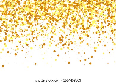 Hintergrundbild zum Thema geometrisches Jubiläum. Gold Confetti auf weißem Hintergrund. Einzeln partikelförmige goldene Staubpartikel. Abstrakte Geburtstagskarte. Vektorillustration Round Bokeh. Random-Bridal-Hintergrund. Folie-Grenze