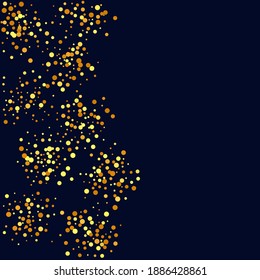 Geometric Anniversary Backdrop. Gold Confetti on Black Background. Isolated Golden Dust Particles. Random Bridal Backdrop. Foil Border. Abstract Iridescent Birthday Card. Vector Round Bokeh.