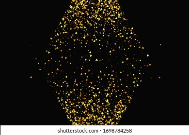 Geometric Anniversary Backdrop. Random Bridal Backdrop. Foil Border. Abstract Iridescent Birthday Card. Gold Confetti on Black Background. Isolated Golden Dust Particles. Vector Round Bokeh.