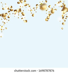 Geometric Anniversary Backdrop. Random Bridal Backdrop. Foil Border. Abstract Iridescent Birthday Card. Gold Confetti on White Background. Isolated Golden Dust Particles. Vector Bokeh.