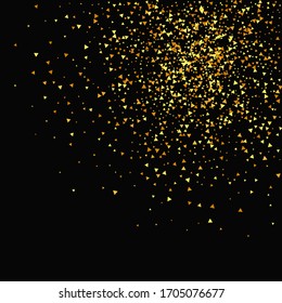Geometric Anniversary Backdrop. Random Bridal Backdrop. Foil Border. Vector Round Bokeh. Gold Confetti on Black Background. Isolated Golden Dust Particles. Abstract Iridescent Birthday Card.