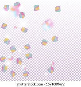 Geometric Anniversary Card. Birthday Card with Metallic Texture. Chaotic Confetti Backdrop. Foil Border. Holo Confetti. Isolated Holographic Cube Particles. Vector Square Bokeh. Iridescent Background.