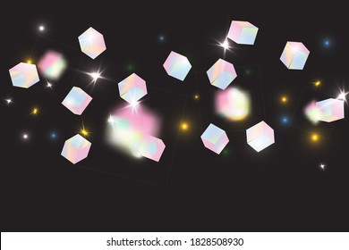 Geometric Anniversary Card. Birthday Card with Metallic Texture. Holo Confetti. Isolated Holographic Cube Particles. Vector Square Bokeh. Iridescent Background. Chaotic Confetti Backdrop. Foil Border.