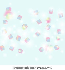 Geometric Anniversary Card. Birthday Card with Metallic Texture. Holo Confetti. Isolated Holographic Cube Particles. Vector Square Bokeh. Iridescent Background. Chaotic Confetti Backdrop. Foil Border.