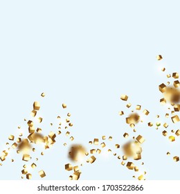 Geometric Anniversary Card. Chaotic Confetti Backdrop. Foil Border. Gold Confetti. Isolated Golden Cube Particles. Birthday Card with Metallic Texture. Vector Square Bokeh. Iridescent Background.