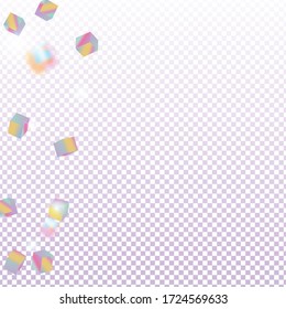 Geometric Anniversary Card. Chaotic Confetti Backdrop. Foil Border. Vector Square Bokeh. Iridescent Background. Birthday Card with Metallic Texture. Holo Confetti. Isolated Holographic Cube Particles.