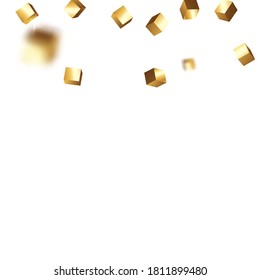 Geometric Anniversary Card. Chaotic Confetti Backdrop. Foil Border. Birthday Card with Metallic Texture. Vector Square Bokeh. Iridescent Background. Gold Confetti. Isolated Golden Cube Particles.