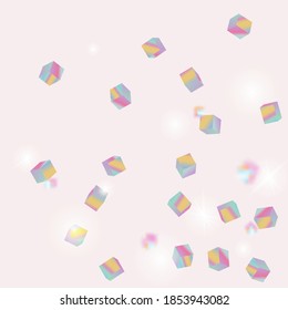 Geometric Anniversary Card. Chaotic Confetti Backdrop. Foil Border. Birthday Card with Metallic Texture. Holo Confetti. Isolated Holographic Cube Particles. Vector Square Bokeh. Iridescent Background.