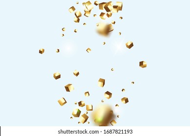 Geometric Anniversary Card. Gold Confetti. Isolated Golden Cube Particles. Chaotic Confetti Backdrop. Foil Border. Birthday Card with Metallic Texture. Vector Square Bokeh. Iridescent Background.