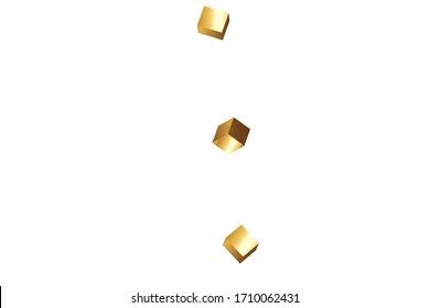 Geometric Anniversary Card. Gold Confetti. Isolated Golden Cube Particles. Vector Square Bokeh. Iridescent Background. Chaotic Confetti Backdrop. Foil Border. Birthday Card with Metallic Texture.