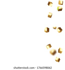 Geometric Anniversary Card. Gold Confetti. Isolated Golden Cube Particles. Chaotic Confetti Backdrop. Foil Border. Vector Square Bokeh. Iridescent Background. Birthday Card with Metallic Texture.