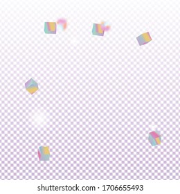 Geometric Anniversary Card. Holo Confetti. Isolated Holographic Cube Particles. Birthday Card with Metallic Texture. Chaotic Confetti Backdrop. Foil Border. Vector Square Bokeh. Iridescent Background.