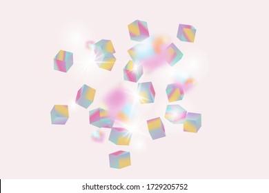 Geometric Anniversary Card. Holo Confetti. Isolated Holographic Cube Particles. Vector Square Bokeh. Iridescent Background. Birthday Card with Metallic Texture. Chaotic Confetti Backdrop. Foil Border.