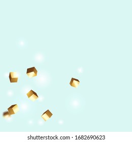 Geometric Anniversary Card. Vector Square Bokeh. Iridescent Background. Chaotic Confetti Backdrop. Foil Border. Gold Confetti. Isolated Golden Cube Particles. Birthday Card with Metallic Texture.