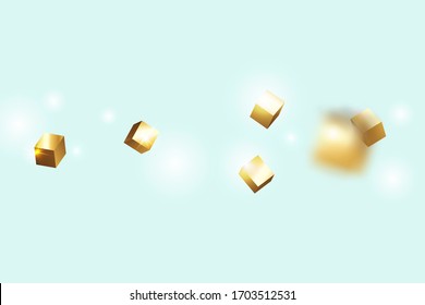 Geometric Anniversary Card. Vector Square Bokeh. Iridescent Background. Birthday Card with Metallic Texture. Chaotic Confetti Backdrop. Foil Border. Gold Confetti. Isolated Golden Cube Particles.