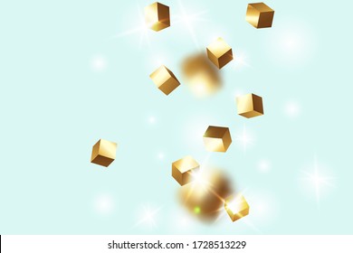 Geometric Anniversary Card. Vector Square Bokeh. Iridescent Background. Chaotic Confetti Backdrop. Foil Border. Birthday Card with Metallic Texture. Gold Confetti. Isolated Golden Cube Particles.
