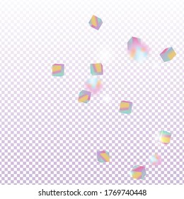 Tarjeta de aniversario geométrico. Vector Square Bokeh. Fondo irlandés. Holo Confetti. Partículas de cubo holográfico aislado. El caótico contexto de Confetti. Borde de aceite. Tarjeta de cumpleaños con textura metálica.