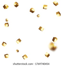 Geometric Anniversary Card. Vector Square Bokeh. Iridescent Background. Chaotic Confetti Backdrop. Foil Border. Gold Confetti. Isolated Golden Cube Particles. Birthday Card with Metallic Texture.
