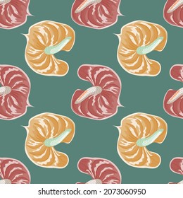 Geometric anthurium flowers seamless pattern on green background. Vintage tropical botanical wallpaper. Exotic hawaiian plants backdrop. Design for fabric , textile print, surface, wrapping, cover