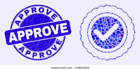 Geometric approve seal mosaic icon and Approve seal stamp. Blue vector rounded distress seal stamp with Approve caption. Abstract concept of approve seal constructed of spheric, triangles,