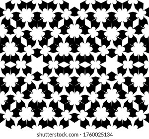 Geometric Arabesque ornament seamless pattern with flowers and stars. Islamic pattern scrollwork background. White and black vector illustration