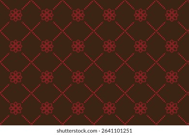 Geometric Arabesque Pattern with Floral Motifs and Dashed Lines in Muted Red and Brown Tones
