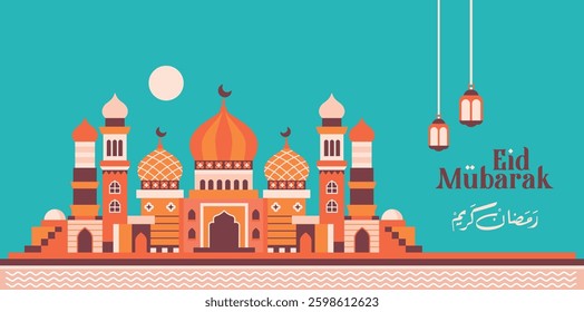  Geometric Arabic cityscape pattern with beautiful orange domes, minimalist Ramadan Kareem, horizontal orange Eid Mubarak poster