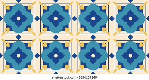 Padrão floral geométrico arábico sem costura. azulejos mediterrânicos. Estilo tunisiano, marroquino, italiano, espanhol, português, grego, turco. Interior. Fundo ornamentado, papel de parede. Azulejo. Mosaico. Vetor.
