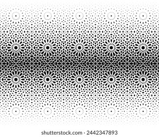 Geometric arabic pattern.Black figures on a white background.Seamless in one direction.Option with an average fade out.Simple scale transformation method.