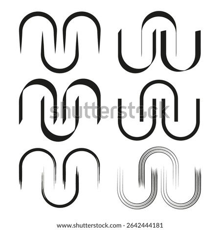 Geometric arc shapes. Abstract U curves. Rounded line symbols. Vector modern elements.