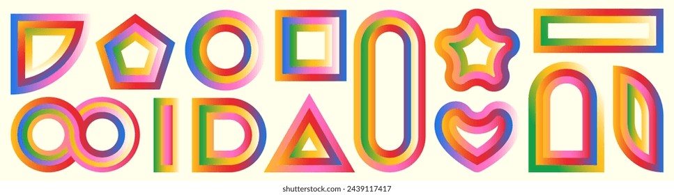 Geometric arch and circular abstract shapes with linear gradient. Modern design set of geometric elements in boho style, Memphis.