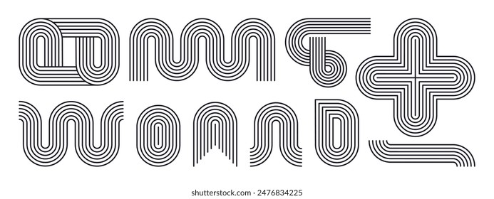 Geometric arch shapes. Abstract bauhaus striped figures, minimalist line memphis design elements flat vector illustration set. Modern contemporary shapes