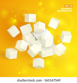 Geometric architectural template with 3d cubes and squares on light orange background isolated vector illustration