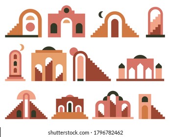 Geometric architecture elements. Contemporary abstract architectural arch, stairs and towers, minimal terracotta geometric buildings vector illustration set