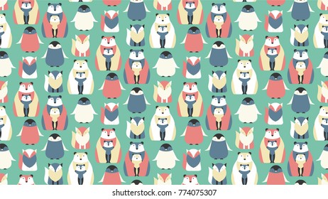 Geometric arctic animals seamless pattern. Bear, penguin, fox background, wallpaper, backdrop.