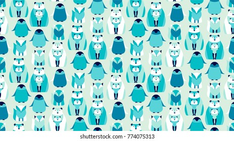 Geometric arctic animals seamless pattern. Bear, penguin, fox background, wallpaper, backdrop.