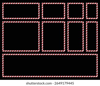 A geometric arrangement of boxes and rectangles, outlined with a festive red and white striped border, stands out against a stark black backdrop. The shapes vary in size.