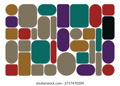 Geometric arrangement includes retro circles, rectangles, rounded shapes and ovals that create a colorful mosaic over a transparent backdrop. The artwork features purple, tan, teal, brown, and red hues.