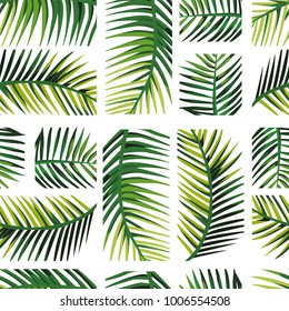 Geometric arrangement palm leaves. Exotic layout disposition green jungle Seamless vector pattern art wallpaper on the white background