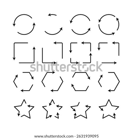 Geometric Arrow Rotation Set Circular Square Hexagonal Star Shapes Vector Icons