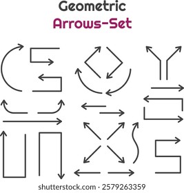 Geometric arrow set, pointer and motion icons vector design