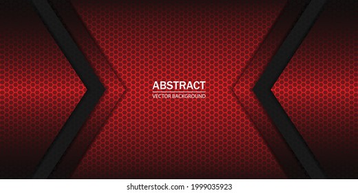 Geometric arrow shapes on a hexagonal red grid. Black and red shapes, stripes and lines on a dark hexagonal carbon fiber background.
