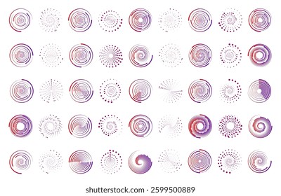Geometric art in circle forms. Round swirl movement symbols. Concentric vortex circles, circular ripple lines design. PNG. Halftone circular dotted frames. Vector design elements.