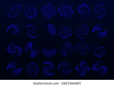 Geometric art in circle forms. Round swirl movement symbols. Concentric vortex circles, circular ripple lines design. PNG. Halftone circular dotted frames. Vector design elements.