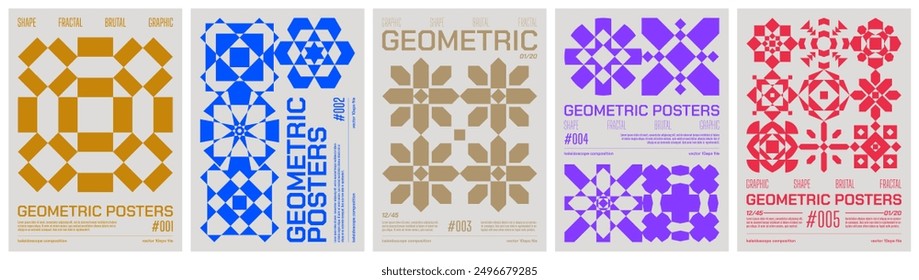 Geometric art colorful trendy poster, abstract kaleidoscope composition graphic in Y2K aesthetics, vector simple shapes rave print artwork modernism and minimalistic brutal style A4 format