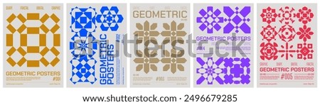 Geometric art colorful trendy poster, abstract kaleidoscope composition graphic in Y2K aesthetics, vector simple shapes rave print artwork modernism and minimalistic brutal style A4 format